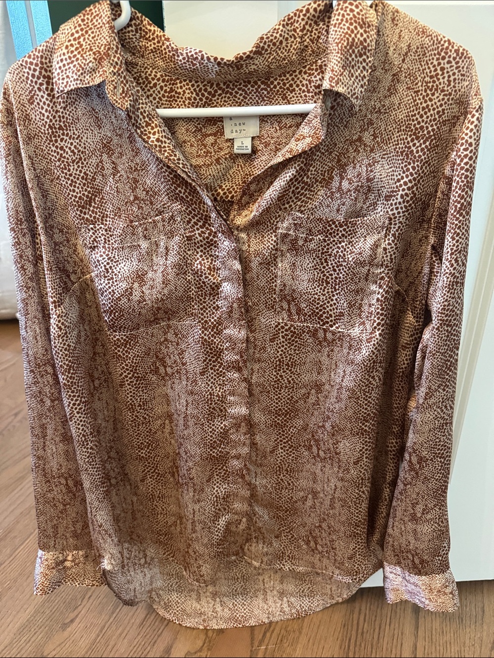 Brown and White Animal Print Button-Up Shirt (faux silk)